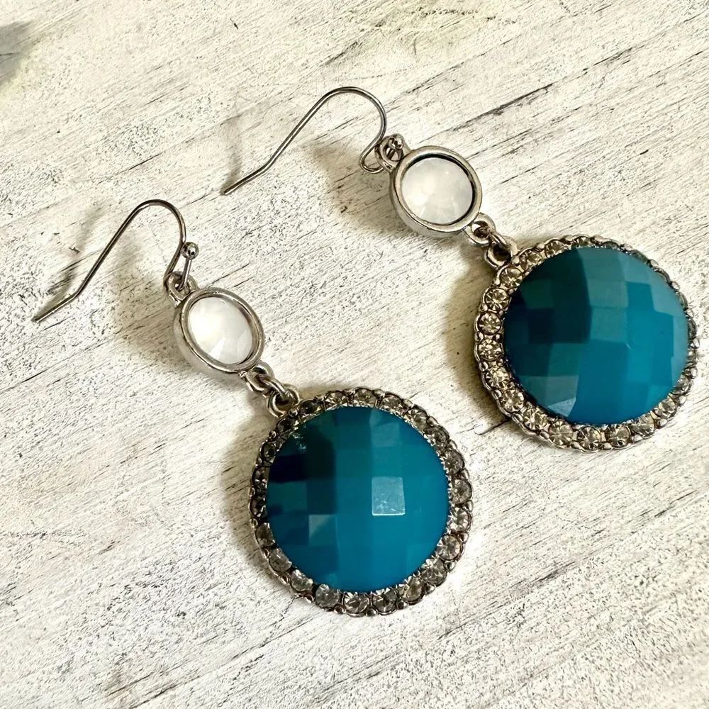 Blue rhinestone silver tone drop earrings